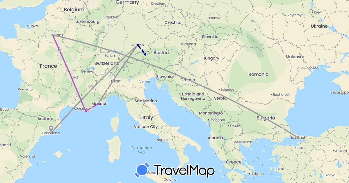 TravelMap itinerary: driving, plane, train in Austria, Germany, Spain, France, Turkey (Asia, Europe)